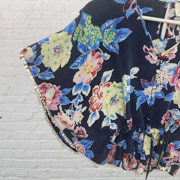 Yumi Kim Shacara Silk Blouse S Floral Crochet Trim Cinched Waist V-Neck - Picture 10 of 16